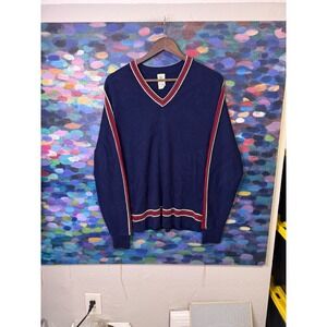 Vintage Lord Jeff Tall Fellow Mens Navy Blue V-Neck Varsity Stripe Sweater USA